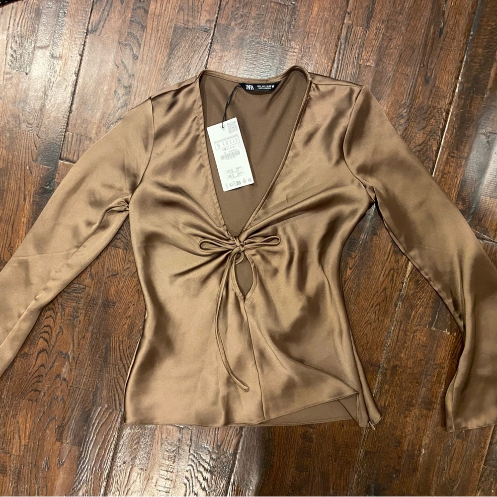 Zara Brown Long Sleeve Fitted Blouse with Tie Front